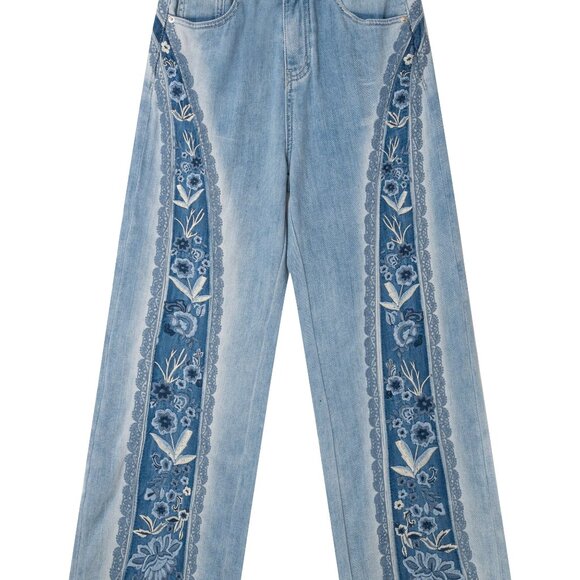 NWT Bayeas Ultra High-Rise Embroidered Wide Leg Patchwork Jeans - Picture 10 of 11